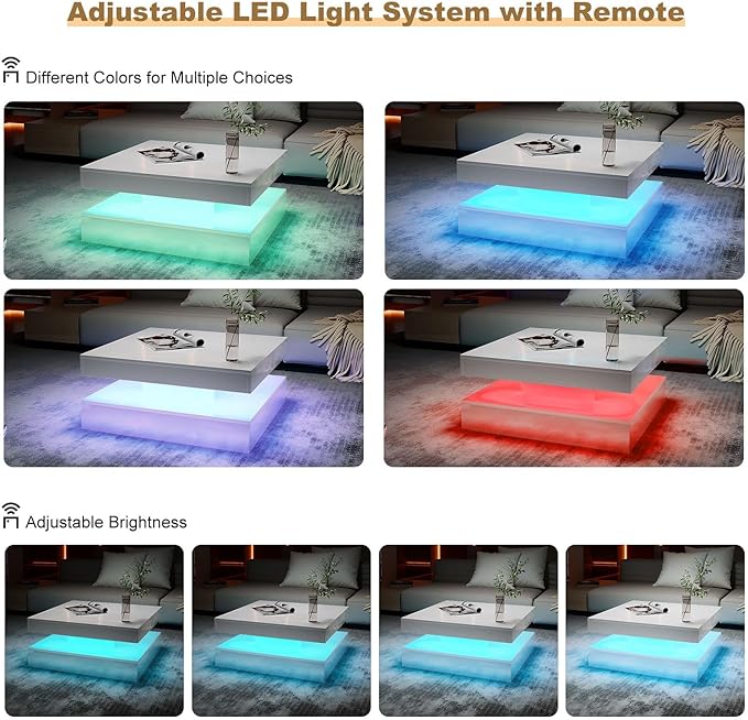 LED Coffee Table for Living Room, Living Room Table 2-Tier Square Center Table, Modern High Glossy Wood Coffee Tables with Storage, 15.7" Tall Tables for Dining Reception, White