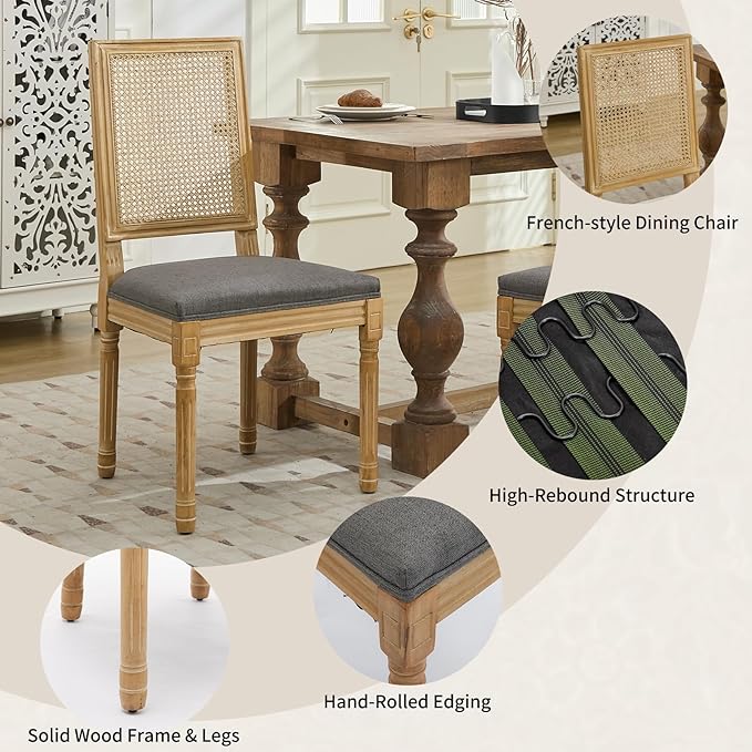 Vintage French Country Dining Chairs Set of 2, Rattan Dining Chairs with a Square Back, Grey Upholstered Dining Chair, Sillas para Comedor, Kitchen & Dining Room Chair (Gray, Rattan, 2Pcs)