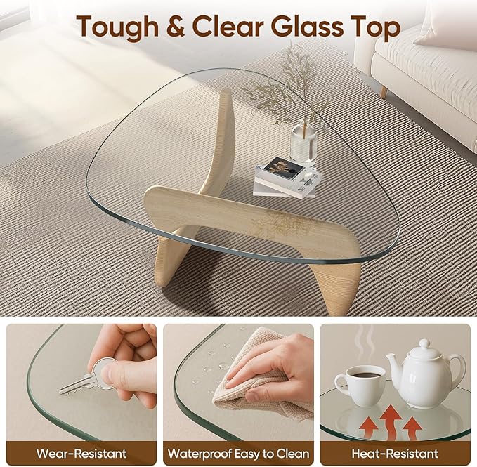 Noguchi Triangle Glass Coffee Table with Solid Wood Base, Vintage Clear Glass Top Modern Design for Living Room, Patio, Study, White Ash
