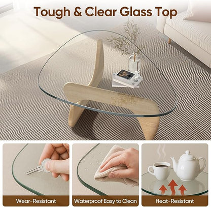 Noguchi Triangle Glass Coffee Table with Solid Wood Base, Vintage Clear Glass Top Modern Design for Living Room, Patio, Study, White Ash