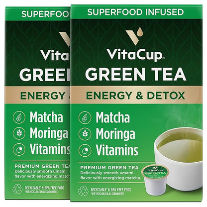 VitaCup Green Tea Pods, Enhance Energy & Detox with Matcha, Moringa, B Vitamins, D3, Keto, Paleo, Vegan, Recyclable Single Serve Pod, Compatible with Keurig K-Cup Brewers,32 Ct