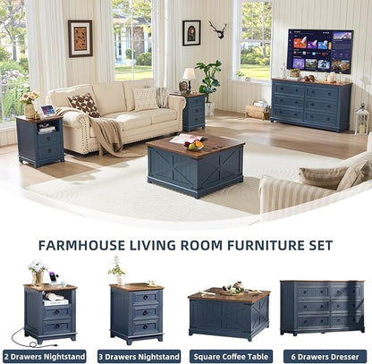 Farmhouse Coffee Table with Hidden Storage Organizer, Modern Square Large Center Table, Wood Farm House Low Navy Blue Living Room Tables with Hinged Lift Top for Home, Office