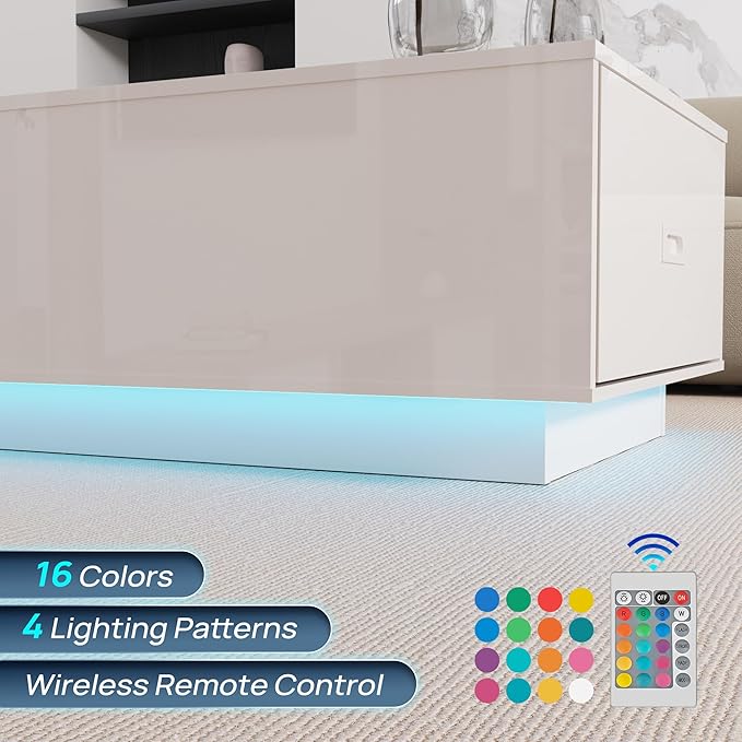 41" LED Coffee Table with 2 Drawers - High Gloss White Modern Table with Lighting for Living Room (41.33" W x 23.62" D)