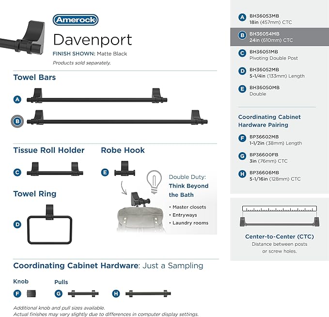 Amerock BH36054MB | Matte Black Towel Bar | 24 in (610 mm) Towel Rack | Davenport | Bathroom Towel Holder | Bathroom Hardware | Bath Accessories