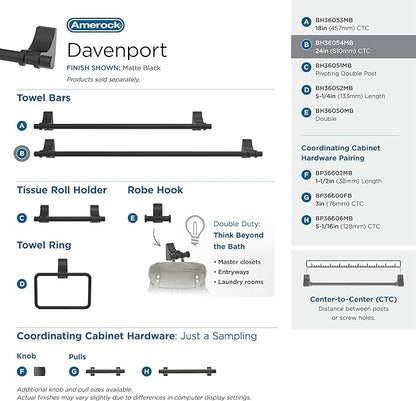 Amerock BH36054MB | Matte Black Towel Bar | 24 in (610 mm) Towel Rack | Davenport | Bathroom Towel Holder | Bathroom Hardware | Bath Accessories