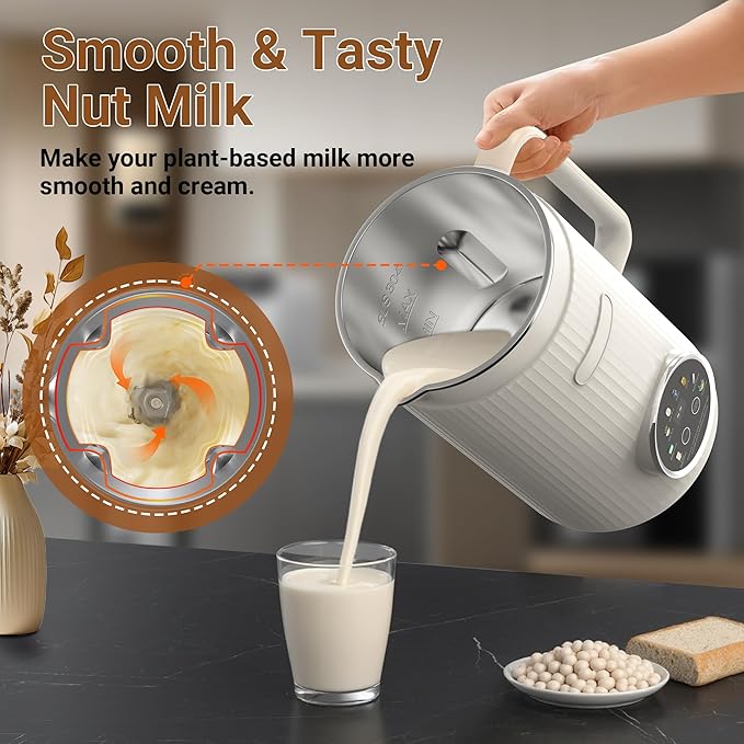 Nut Milk Maker Machine - 8 in 1 Soy Milk Maker Machine 35oz with Self-Cleaning, 18H Delay Start & 4H Keep Warm, Automatic Plant-Based Milk Blender for Almond, Oat, Coconut, Soybean - White