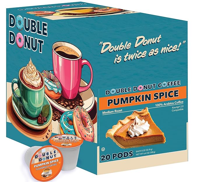 Double Donut Coffee Pumpkin Spice Flavored Coffee Pods, Medium Roast Coffee, Compatible with Keurig K Cups Brewers, 20 Count