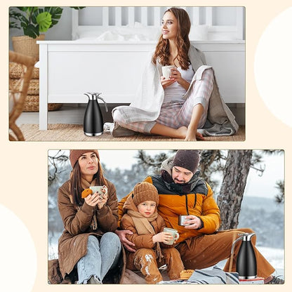 Uiifan 2 Pcs 68 oz Thermal Coffee Carafe Insulated Stainless Steel Coffee Carafe for Hot Liquids Vacuum Thermal Pot Creamer Dispenser with Brushes Keeping Hot Tea Milk Water(Black)