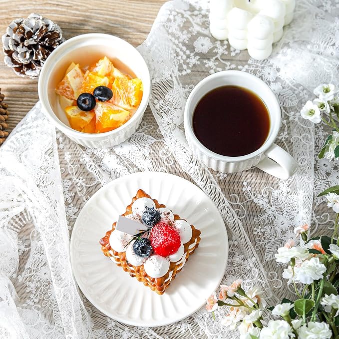 Ceramic Espresso Cups with Saucers 5 Oz,Set of 4 Porcelain Demitasse Cups Set,Small Coffee Cups with Handle for Coffee,Tea,Latte and Macchiato,Cappuccino Mugs for Kitchen and Cafe,White