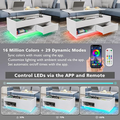 HOMMPA 40“ Lift Top Coffee Table with Storage LED Coffee Table Morden High Gloss Living Room 3 Tiers Modern Tea Table with Storage Center Tables Hidden Compartment & Open Shelve & Drawer White