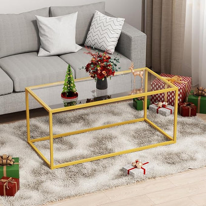 Tempered Glass Coffee Table - Minimalist Center Table for Living Room, Office - Modern Top With Sturdy Metal Frame & Open Storage - Easy Assembly, Gold