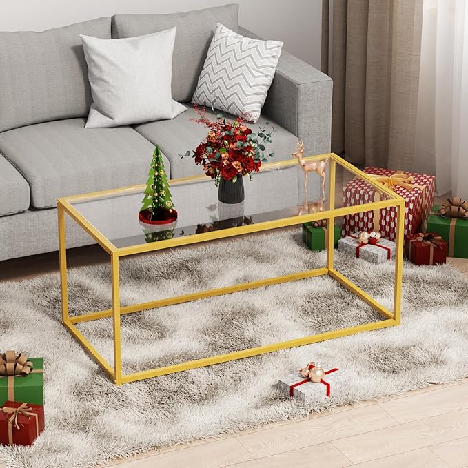 Tempered Glass Coffee Table - Minimalist Center Table for Living Room, Office - Modern Top With Sturdy Metal Frame & Open Storage - Easy Assembly, Gold