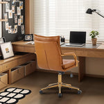 Load image into Gallery viewer, MOJAY Mid-Back Ergonomic Leather Office Chair, Modern Upholstered Executive Desk Chair with Gold Frame Armrest Computer Task Chair (Camel)