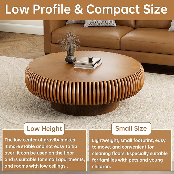 Round Coffee Table 39.3" Modern Brown Fluted Coffee Table Low Round Drum Pedestal Coffee Tables for Living Room Farmhouse (Brown 39.3 inch)