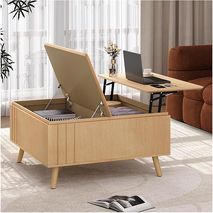 Lift Top Coffee Table, Mid Century Modern Center Table with Large Hidden Storage Compartment, 36" Square Coffee Tables for Living Room, Home Office, Oak