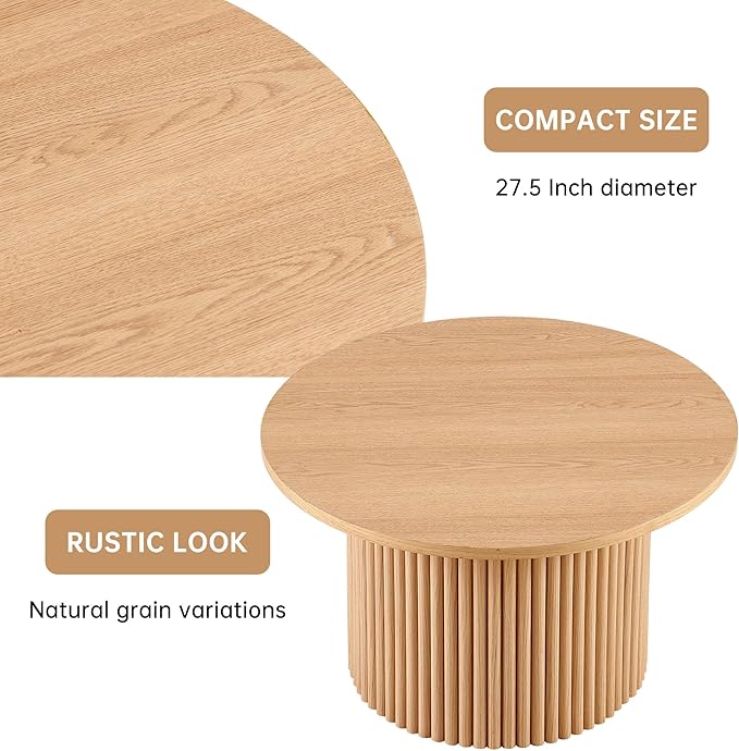 NORDICANA Single Accent Round Coffee Table, 27.5 Inch Wide 16.7 Inch Tall Oak Color Farmhouse Center Table for Living Room, Manufactured Wood Top with Oak Veneer 16.7 Height Tall