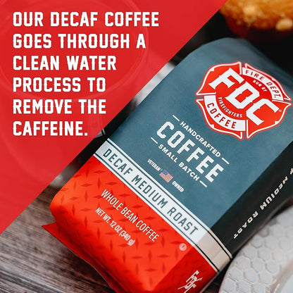 Fire Department Coffee - Gives Back to Firefighters - Premium Whole Bean Decaf Coffee - Roasted in the USA - Decaffeinated Using Natural Mountain Water - Veteran Owned -12 oz