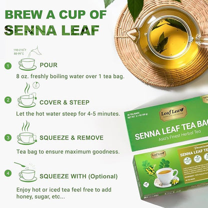 LeafLea 120 Senna Tea Bags – Pure Senna Herbal Laxative Tea, Naturally Supports Constipation Relief & Digestive Cleanse, Caffeine-Free, No Sugar, No Gluten, Non-GMO, Vegan, Individually Wrapped