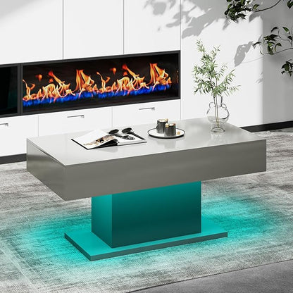 Led Coffee Table for Living Room, Living Room Table Rectangular Center Table, Modern High Glossy Wooden Coffee Tables with 16 Colors LED Lights for Dining Reception Room, Grey