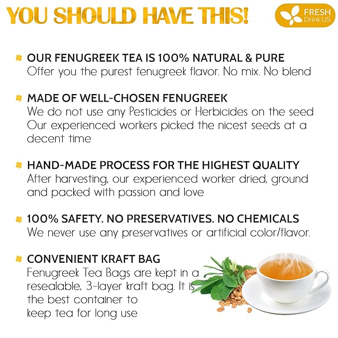 FreshDrinkUS, Premium 30 Fenugreek Tea Bags, 100% Natural & Pure from Fenugreek. Fenugreek Herbal Tea. Made with Natural Material Tea Bags. No Sugar, No Caffeine, No Gluten, Vegan.