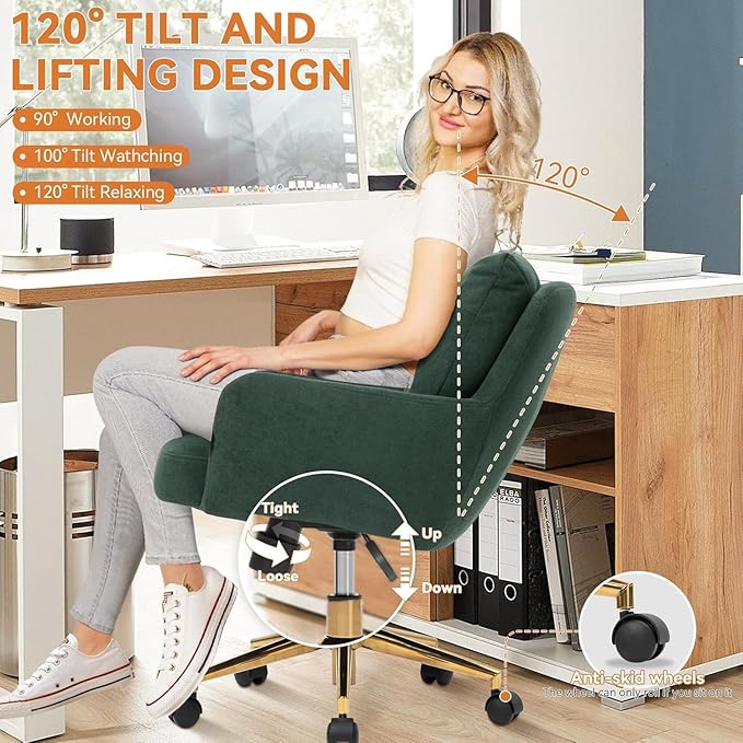 Flannel Office Chair, Comfy Home Office Desk Chairs with Lumbar Support, Modern Velvet Desk Chair Gold Legs Small Swivel Task Chair for Home Office, Bedroom, Study (Green, L)