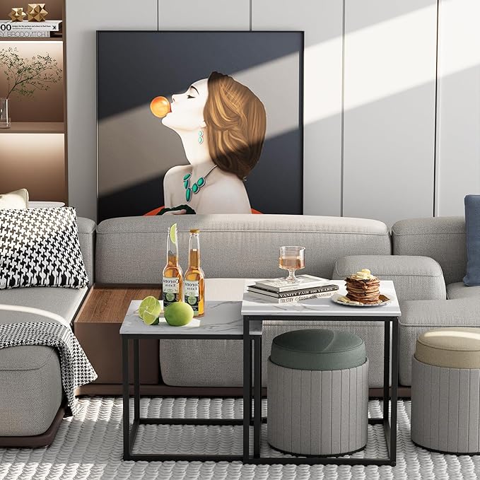 VILAWLENCE Coffee Table Set of 2, Modern Black Wooden Side Table, Metal Frame Square End Table, Center Tables,Nesting Coffee Table for Living Room,Bedroom and Small Spaces