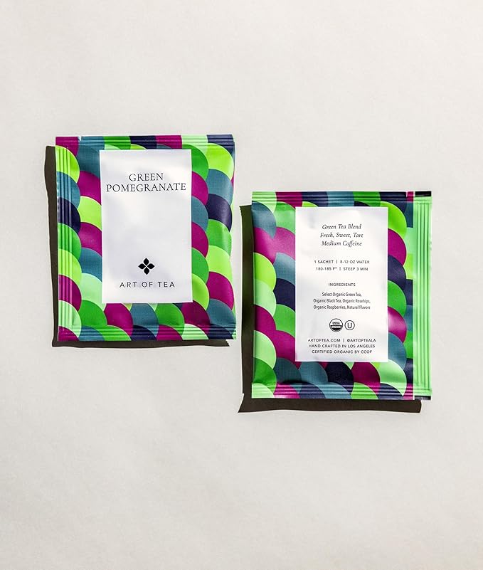 Art of Tea | Organic Green Pomegranate Tea| 50 Eco Friendly Pyramid Tea Bag Sachets