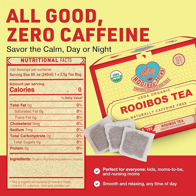 Organic Red Rooibos Tea Bags 100 Count - Naturally Sweet Herbal Tea Safe for Children & Pregnant Women - Low Tannin, Premium South African Caffeine Free Tea Bags Sustainably & Ethically Farmed