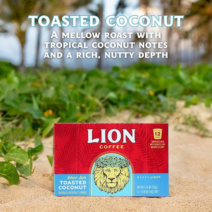 Lion Coffee Toasted Coconut Flavored Medium Roast Coffee Pods - Single-Serve Pods - Hawaiian Inspired Flavor - Arabica Coffee - Compatible with Single-Serve Brewing Systems - 12 Count Box