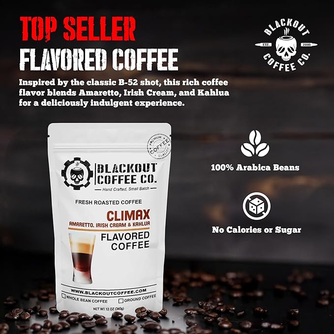 Blackout Coffee Climax Amaretto, Irish Cream & Kahlua Flavored Ground Coffee – Medium Roast, Smooth Taste, Guilt-Free Indulgence – Freshly Roasted 12oz Bag.