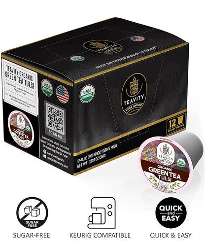 Organic Tulsi Tea Pods with Unsweetened Caffeinated Green Tea Pods for Keurig - Tulsi Green Tea by Teavity (24 Tea Pods)