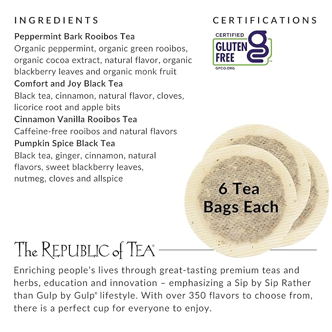 The Republic of Tea – Holiday Teas Assortment, 24 Individually-Wrapped Tea Bag Samples | Peppermint, Cinnamon, Vanilla, Pumpkin Spice