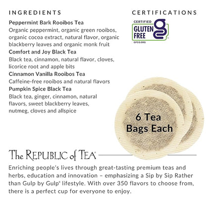 The Republic of Tea – Holiday Teas Assortment, 24 Individually-Wrapped Tea Bag Samples | Peppermint, Cinnamon, Vanilla, Pumpkin Spice