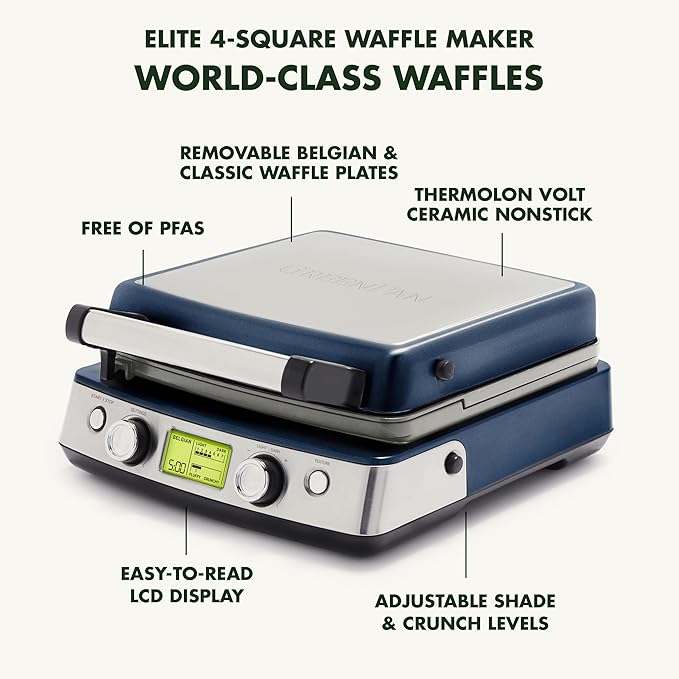 GreenPan Elite 4-Square Belgian & Classic Waffle Maker, Healthy Ceramic Nonstick Aluminum Dishwasher Safe Plate,Adjustable Shade/Crunch Control Wont Overflow Easy Clean,Breakfast,PFAS-Free,Oxford Blue