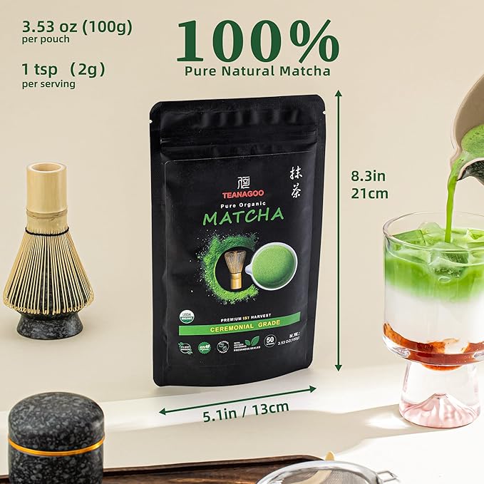 TEANAGOO Matcha Powder Ceremonial Grade, Premium Green Tea for Latte/Breakfast Beverage/Daily Green Tea, USDA Organic Ceremony Matcha Tea, Unsweetened No Additives, First Harvest, 3.53oz(100g)