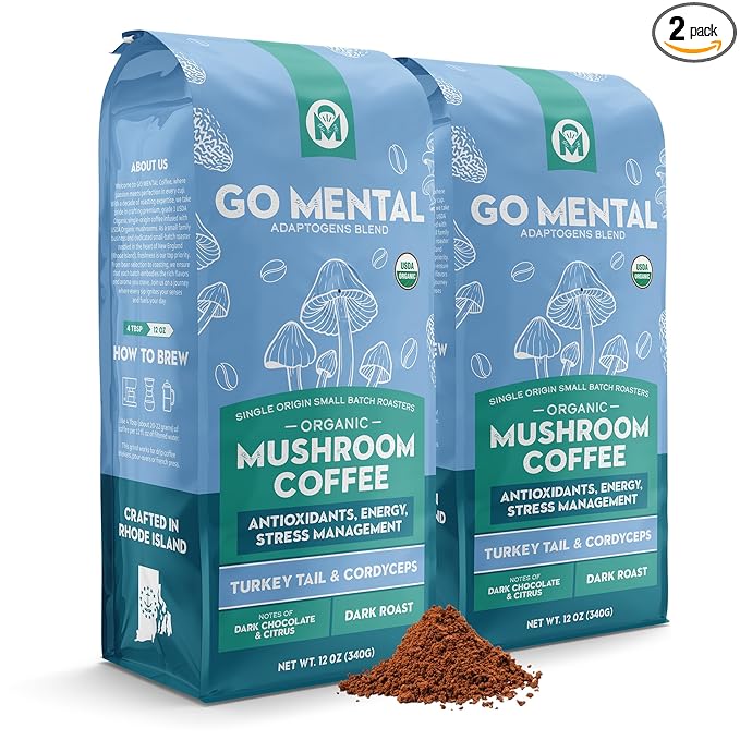 Organic Turkey Tail & Cordyceps Mushroom Coffee Dark Roast, Antioxidants, Immune System Support, overall wellness, Grade 1 Single Origin Peruvian | 12oz - Ground (2 Pack)