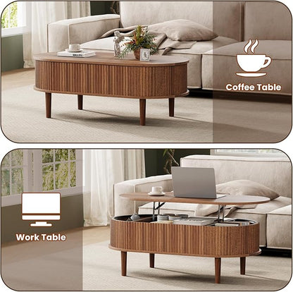 BREEZEHEAT Fluted Lift Top Coffee Table, 39" Mid Century Modern Coffee Table, Hidden Compartment & Fully Assembled Centre Table Oval Lift Tabletop for Living Room, Small Space, Home Office, Walnut