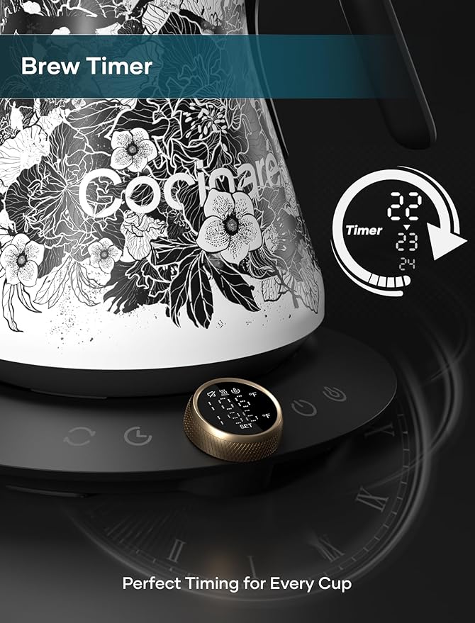 Cocinare FLOW M9 Electric Gooseneck Kettle, ±1℉ Temperature Control for Pour-over Coffee & Tea, Stainless Steel Interior, Quick Heating for Boiling Water (New Blossom)