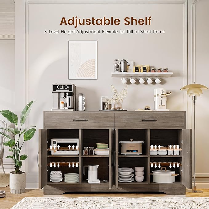 55" Sideboard Buffet Cabinet with Storage, Large Kitchen Storage Sideboard with Drawers & Doors, Modern Wood Farmhouse Coffee Bar Cabinet, Buffet Table for Kitchen, Dining Room, Living Room, Dark Wood