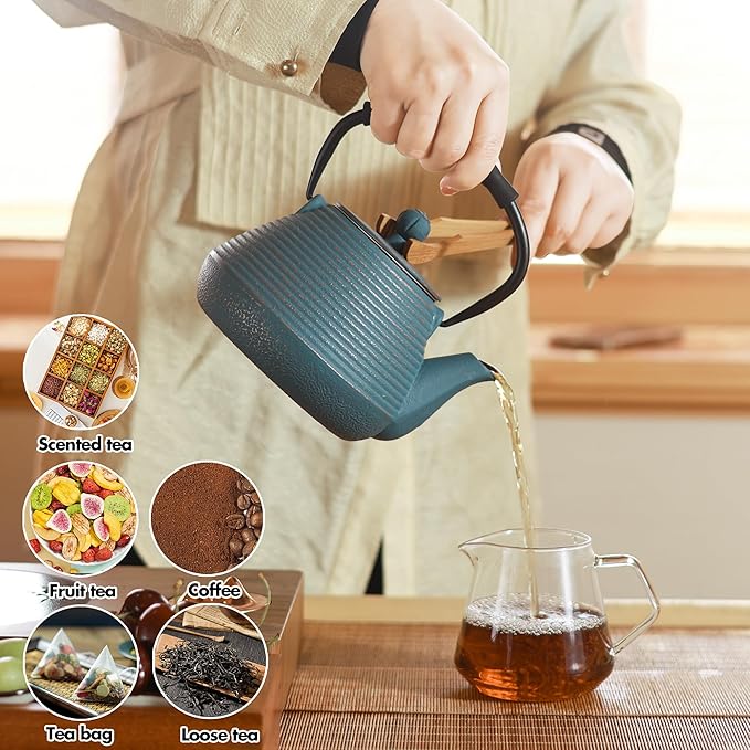 Cast Iron Teapot, 33oz Tea Kettle Stovetop Safe with Infuser for Tea & Coffee, Hand made Japanese Tea Pot Coated with Enameled Interior, Silicone Handle, 950ml Black