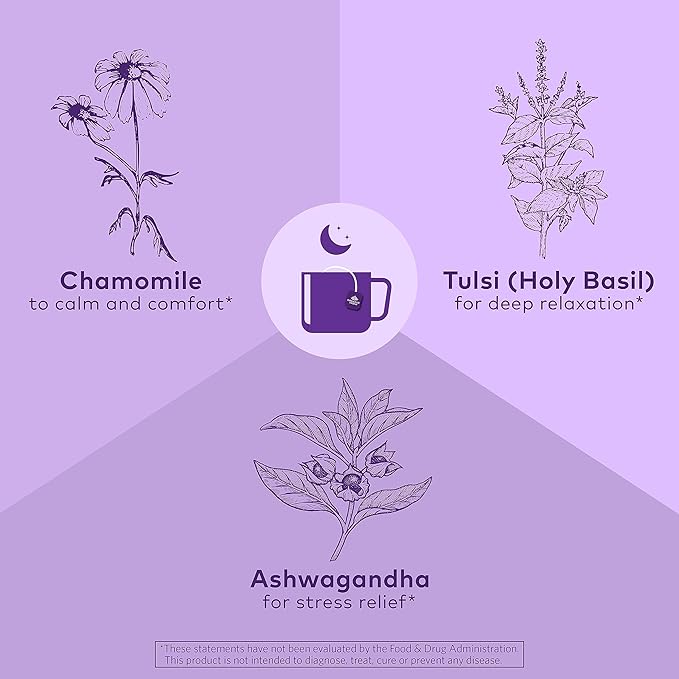 ORGANIC INDIA Tulsi Sleep Herbal Tea - Holy Basil, Ashwagandha, Chamomile, Night Time Tea for Bedtime, Stress Relieving & Relaxing, Immune Support, USDA Certified Organic - 18 Infusion Bags, 6 Pack
