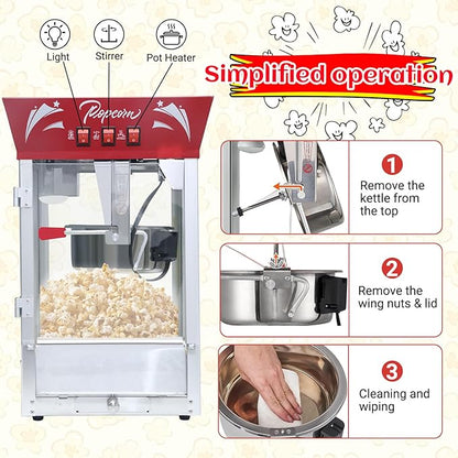 Vintage Popcorn Machine, 12oz Popper Stainless-Steel Kettle & Warming Light, Makes Up to 60 Cups, Ideal for Family Gatherings, Movie Theaters & Amusement Parks, Red