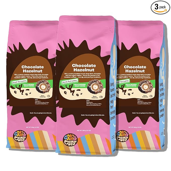 Crazy Cups Flavored Decaf Ground coffee, Chocolate Hazelnut, For Hot or Iced Coffee, 3 Count