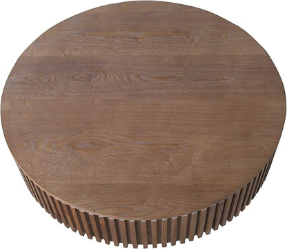 39 Inch Round Drum Coffee Table with Storage, Modern Handcraft Fluted Drum Coffee Table, Wooden Round Cocktail Tea Table Center Table with Sturdy Pedestal for Living Room Apartment (Walnut)