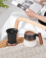 Load image into Gallery viewer, ZENS Tea Mug with Infuser and Lid for Loose Leaf Tea Steeper, 14.5 oz Embossed Ceramic Tea Cup with Fine Strainers and Wood Handle, Diffusers Accessories for Tea Lovers Gifts