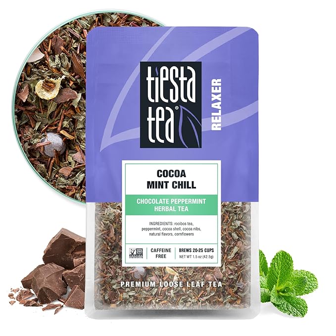 Tiesta Tea - Cocoa Mint Chill Loose Leaf Tea, Chocolate Peppermint Herbal Rooibos Blend, Non-Caffeinated, Brew Hot or Iced, Makes Up to 25 Cups, Resealable Pouch, 1.5 Ounce