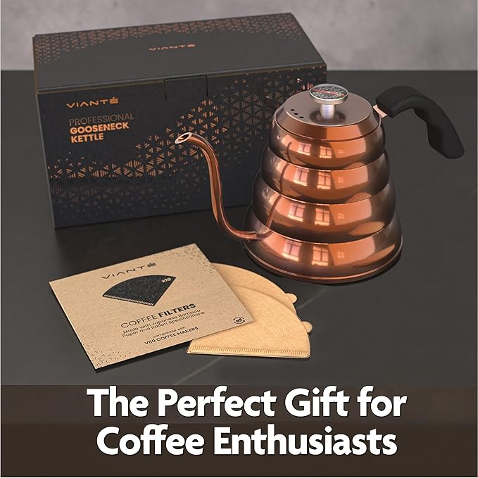Vianté Gooseneck Stovetop Pour Over Coffee Kettle with Thermometer for Drip Coffee and Tea. Premium Copper Stainless Steel. 40 fl oz. All Coocktops.