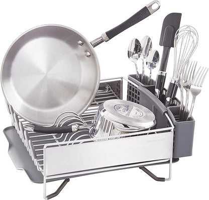 KitchenAid Compact Space Saving, Dish Rack with Removable Flatware Caddy and Angled Self Draining Drainboard, Satin Gray, 15-Inch-by-13.25-Inch