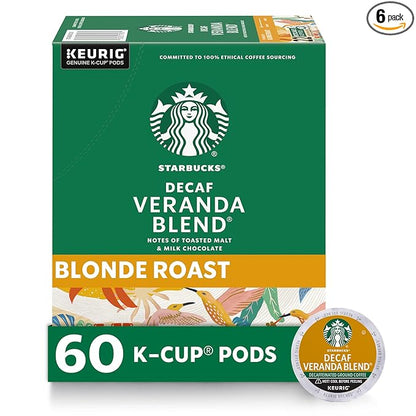 Starbucks K-Cup Coffee Pods, Starbucks Blonde Roast Coffee, Decaf Veranda Blend, 100% Arabica, 6 boxes (60 pods total)