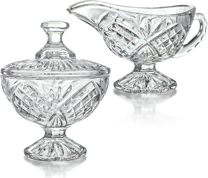 Crystal Cream and Sugar Set Glass Creamer Server Sugar Bowl with Lid Coffee Server Set Mother's Day Gifts for Women Mum Table Decortion for Home Wedding Party